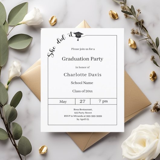 Graduation party black white She did it invitation