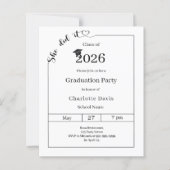 Graduation party black white She did it invitation (Voorkant)