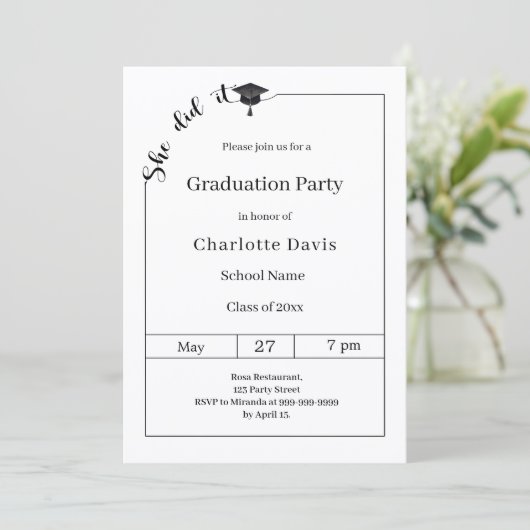 Graduation party black white She did it Kaart (Staand voorkant)