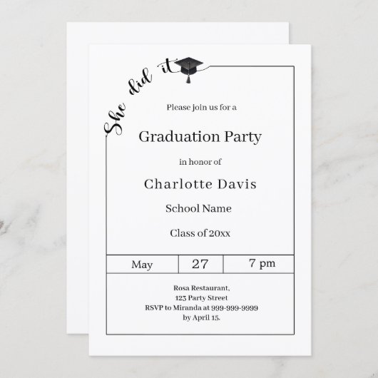 Graduation party black white She did it Kaart (Voorkant / Achterkant)