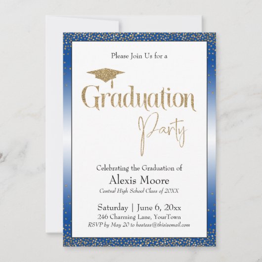Graduation Party Blauw Ombre Goud Confetti Kaart (Voorkant)