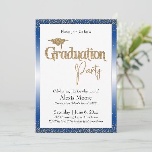 Graduation Party Blauw Ombre Goud Confetti Kaart (Staand voorkant)