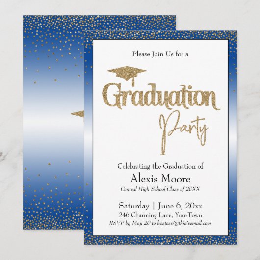 Graduation Party Blauw Ombre Goud Confetti Kaart (Voorkant / Achterkant)