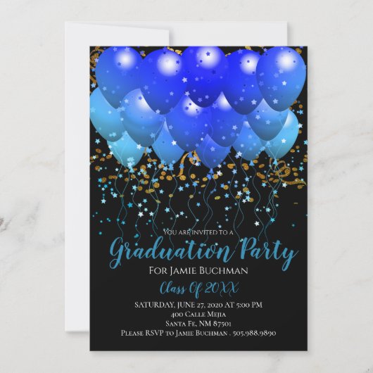 Graduation Party Blue Balloons Gold Confetti Black Kaart (Voorkant)
