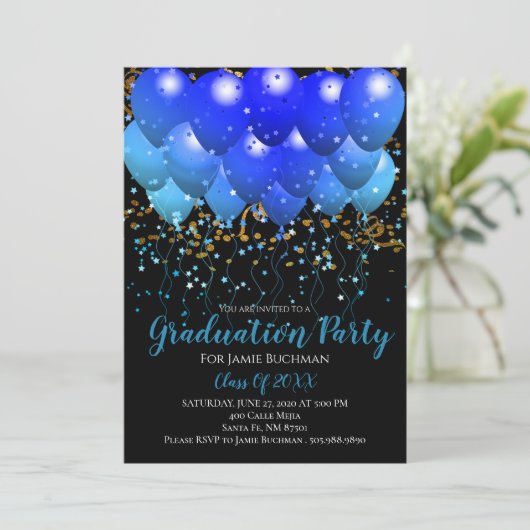 Graduation Party Blue Balloons Gold Confetti Black Kaart (Staand voorkant)