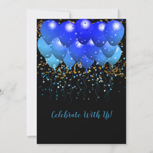 Graduation Party Blue Balloons Gold Confetti Black Kaart (Achterkant)