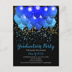 Graduation Party Blue Balloons Gold Confetti Black Uitnodiging Briefkaart
