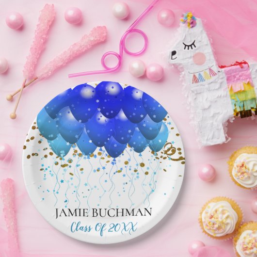Graduation Party Blue Balloons Gold Confetti White Papieren Bordje (Feest)