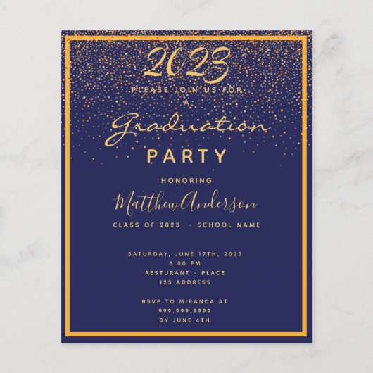 Graduation party blue gold 2023 budget uitnodiging flyer (Voorkant)