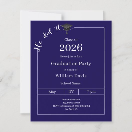 Graduation party blue white He did it invitation (Voorkant)