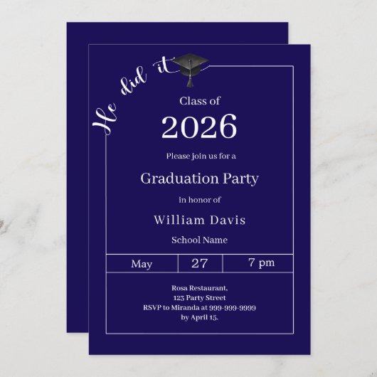 Graduation party blue white He did it Kaart (Voorkant / Achterkant)