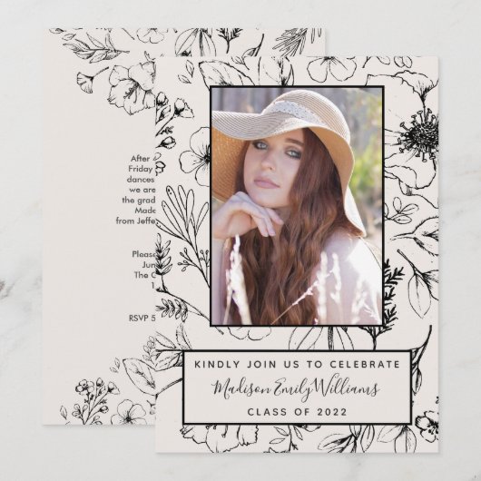 Graduation Party Blush Botanical Script Photo Kaart (Voorkant / Achterkant)