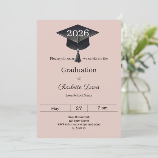 Graduation party blush pink class of 2026 kaart (Staand voorkant)
