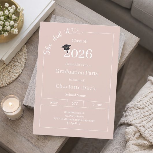 Graduation party blush pink neutral She did it Kaart