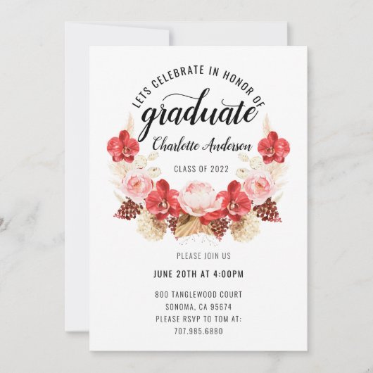 Graduation Party Blush Pink Red Waterverf Floral Kaart (Voorkant)