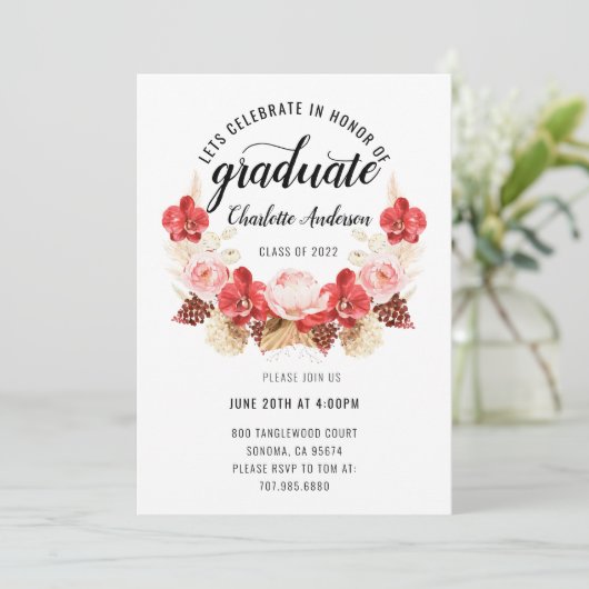 Graduation Party Blush Pink Red Waterverf Floral Kaart (Staand voorkant)