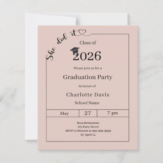 Graduation party blush pink She did it invitation (Voorkant)