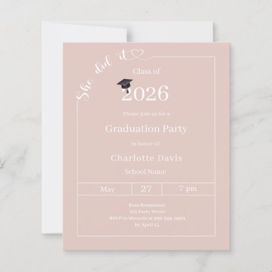 Graduation party blush pink She did it invitation (Voorkant)