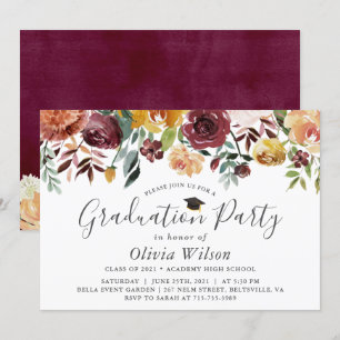Graduation Party Burgundy Red Oranje Floral Kaart