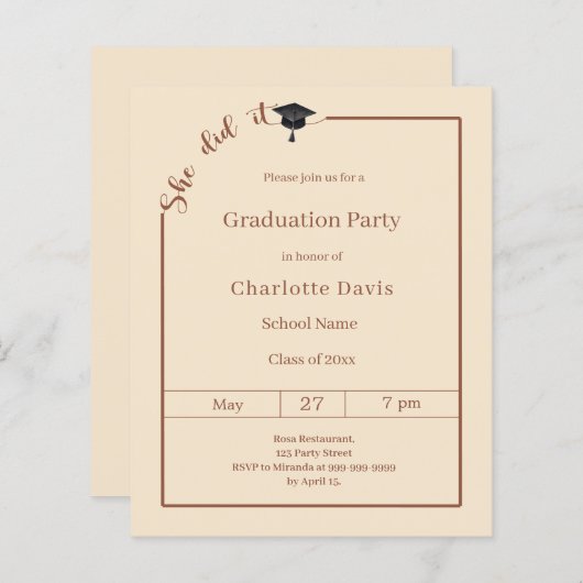 Graduation party Campagne She did it invitation (Voorkant / Achterkant)