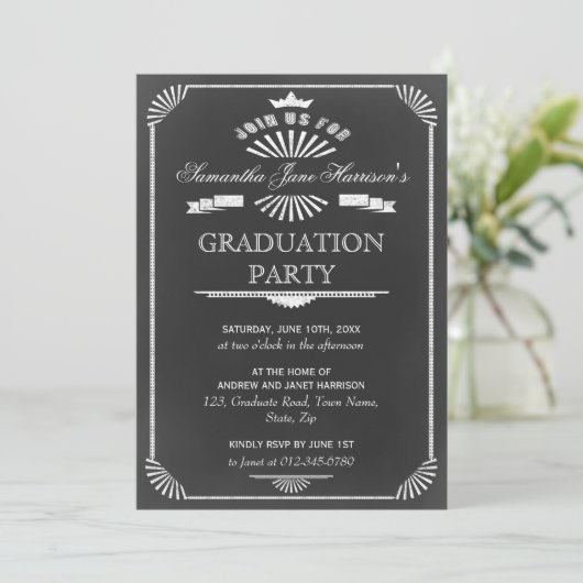 Graduation Party  Chalkboard Art Deco Kaart (Staand voorkant)