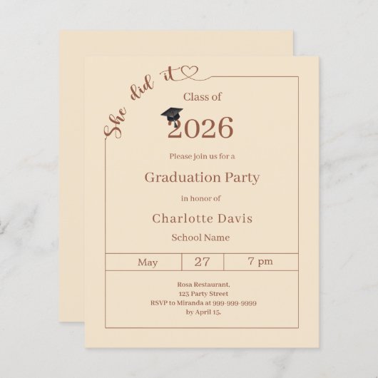 Graduation party champagne She did it invitation (Voorkant / Achterkant)