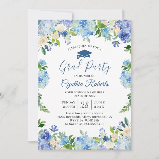 Graduation Party Chic Blue Hydrangeas Floral Kaart (Voorkant)
