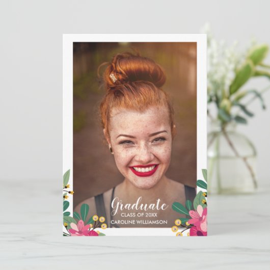 Graduation Party Chic Floral Afstuderen Foto Kaart (Staand voorkant)