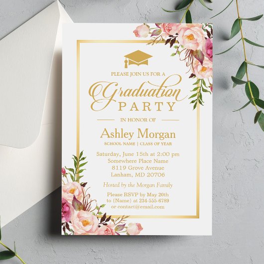 Graduation Party Chic Floral Golden Lijst Kaart