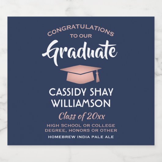 Graduation Party Congrates Navy Blue Roze Rose Gol Bier Etiket (Enkel label)