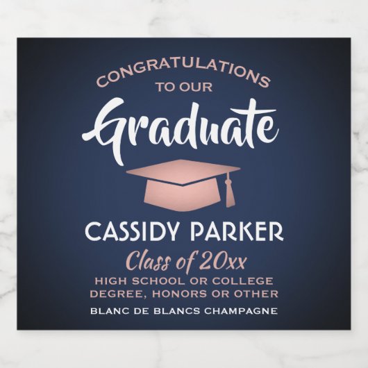 Graduation Party Congrates Navy Blue Roze Rose Gol Sparkling Wijnetiket (Enkel label)