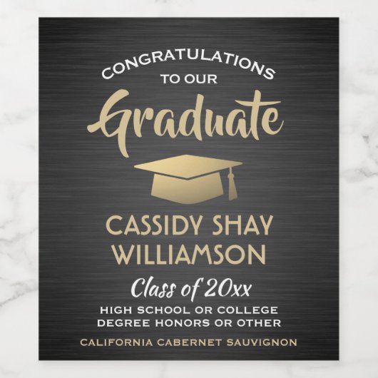 Graduation Party-congrats geborsteld zwart Gold Wh Wijn Etiket (Enkel label)