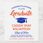 Graduation Party Congrats Modern Oranje and Blue Wijn Etiket (Enkel label)