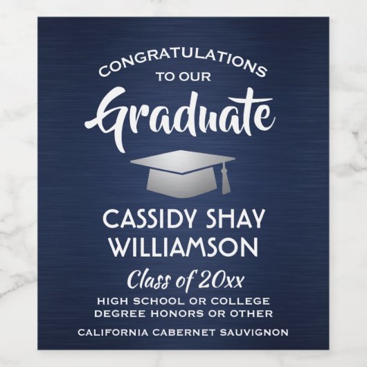 Graduation Party-congrats pensed Navy Blue White Wijn Etiket (Enkel label)
