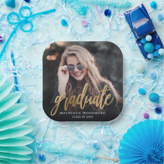Graduation Party Custom Photo Gold Script Papieren Bordje (Feest)