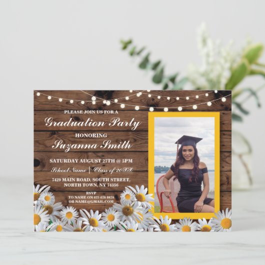 Graduation Party Daisy Wood Foto nodigt Afstudeerd Kaart (Staand voorkant)