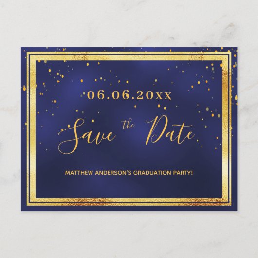 Graduation Party dark blue gold save the date Briefkaart (Voorkant)