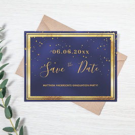 Graduation Party dark blue gold save the date Briefkaart