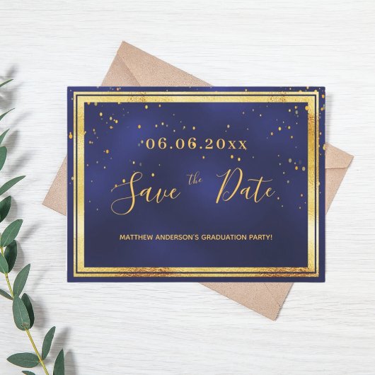 Graduation Party dark blue gold save the date Briefkaart