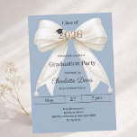 Graduation party dusty steel blue ivory bow 2026 kaart<br><div class="desc">Celebrate your achievement with this elegant ivory bow graduation invitation. The design features a large, sophisticated satin ribbon adorned with delicate pearl strings and a subtle mortarboard icon. A dusty steel blue colored background. It is the perfect choice for high school or college seniors looking for a feminine and chic...</div>