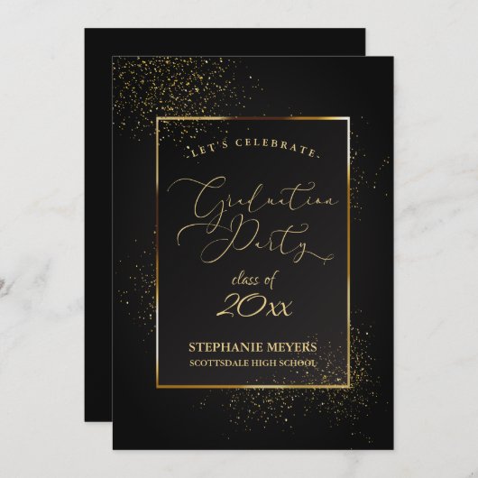 Graduation Party Elegant Black and Gold Glitter Kaart (Voorkant / Achterkant)