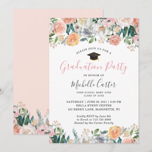 Graduation Party Elegant Garden Bloom Rozen Floral Kaart (Voorkant / Achterkant)