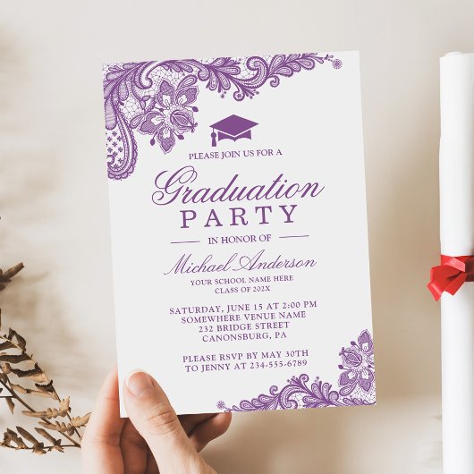 Graduation Party Elegant Lace Lavender Paars Kaart