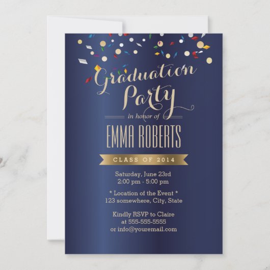 Graduation Party Elegant Navy Blue Confetti Kaart (Voorkant)