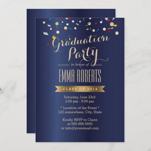 Graduation Party Elegant Navy Blue Confetti Kaart (Voorkant / Achterkant)