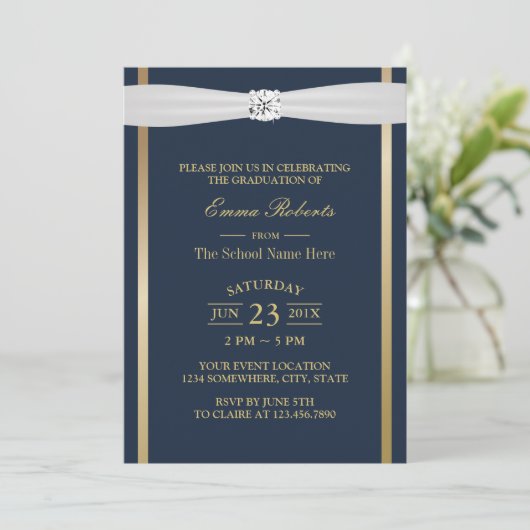 Graduation Party Elegant Navy Blue & Gold Stripes Kaart (Staand voorkant)