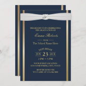 Graduation Party Elegant Navy Blue & Gold Stripes Kaart (Voorkant / Achterkant)