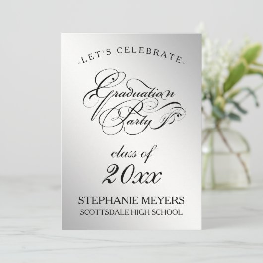 Graduation Party Elegant Silver Afstuderen script Kaart (Staand voorkant)