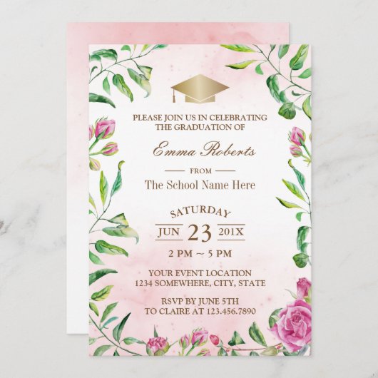 Graduation Party Elegant Waterverf Floral Kaart (Voorkant / Achterkant)