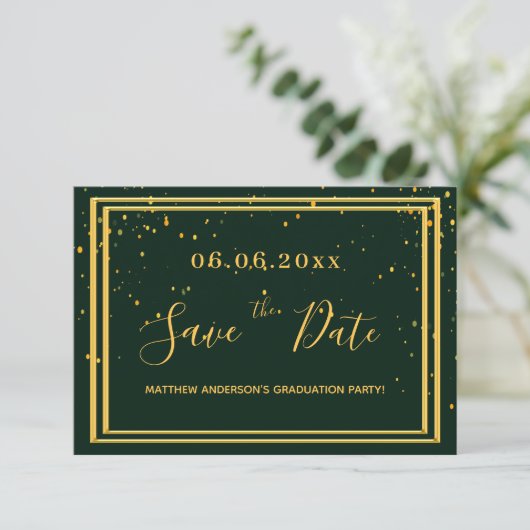 Graduation party emerald green gold save the date (Staand voorkant)